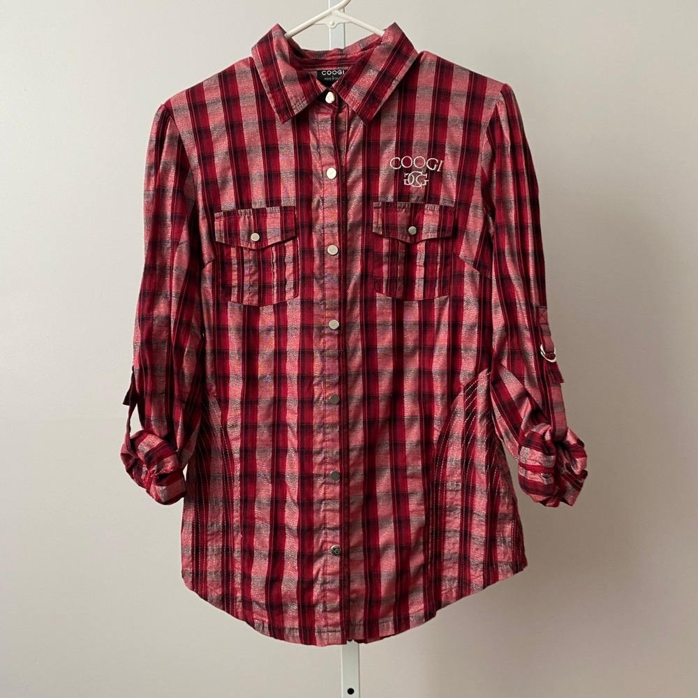 COOGI Cotton Y2K Western Plaid Embroidered Logo Snap Button Up Top Large Red